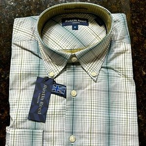 Austin Reed teal/blue small plaid button down, long sleeved shirt Medium